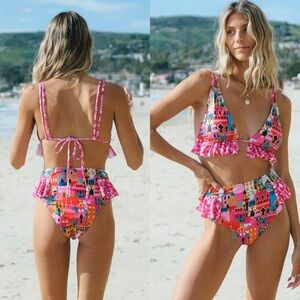 NWT Women High Waisted Swimsuit Ruffle V Neck Bikini Two Pieces Swimwear SIZE L